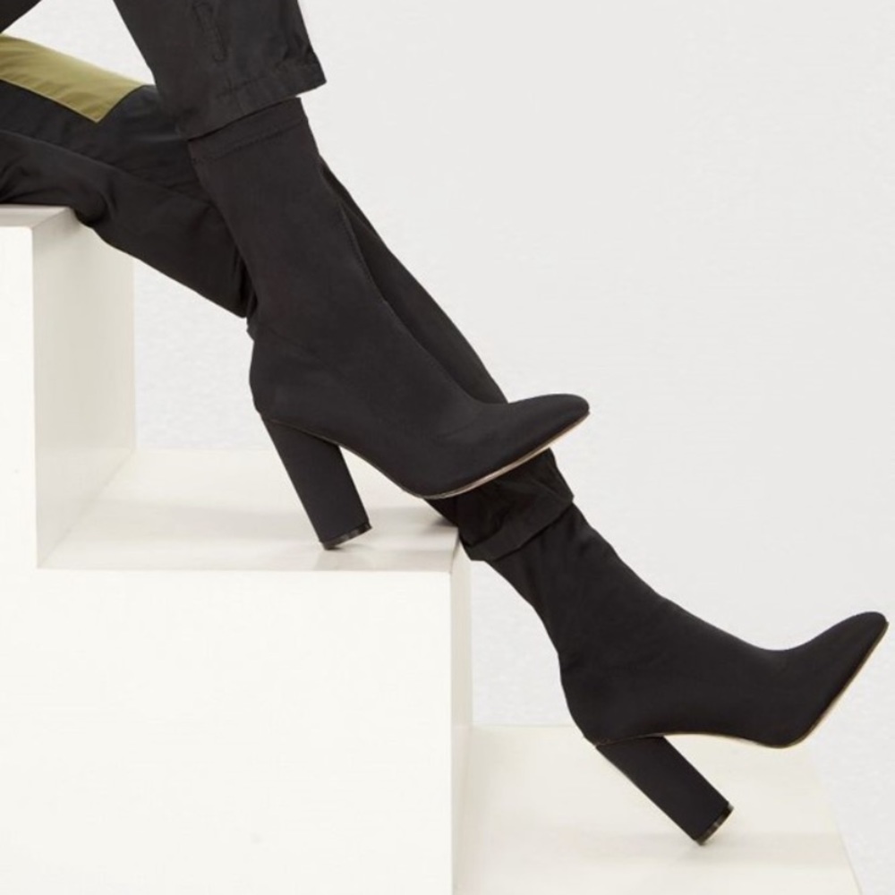Prettylittlething Black Block Heel Sock Boot
